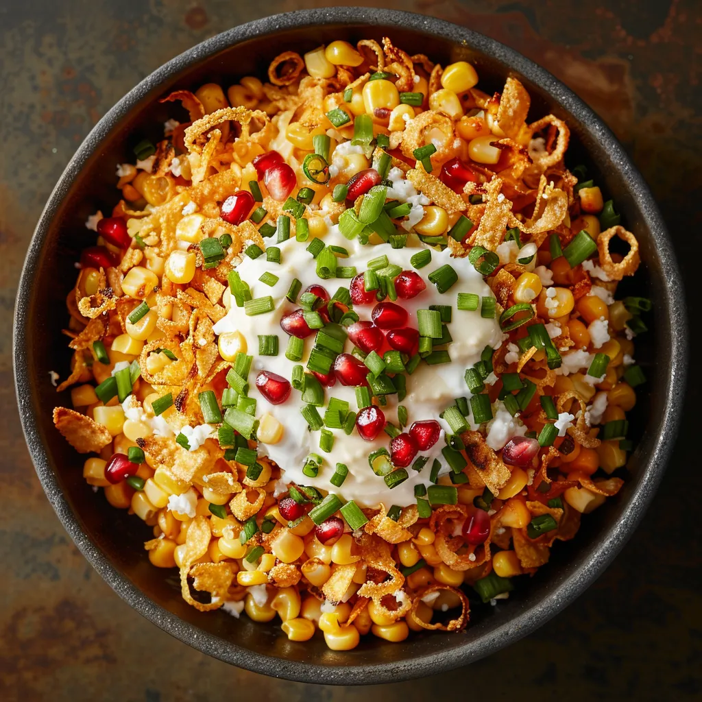 A vibrant, warm yellow corn mixture pops with contrasting splashes of deep red pomegranate seeds and bright green chives. A topping of melted cheese and a dollop of crema adds to the visual appeal, while a scattering of crispy tortilla curls gives a fun textual dimension.