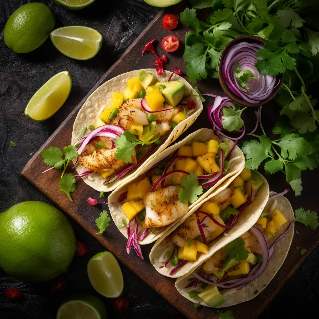 Colorful and appetizing, the dish features golden fish tacos topped with a vibrant mango-avocado salsa and drizzled with a zesty lime dressing.