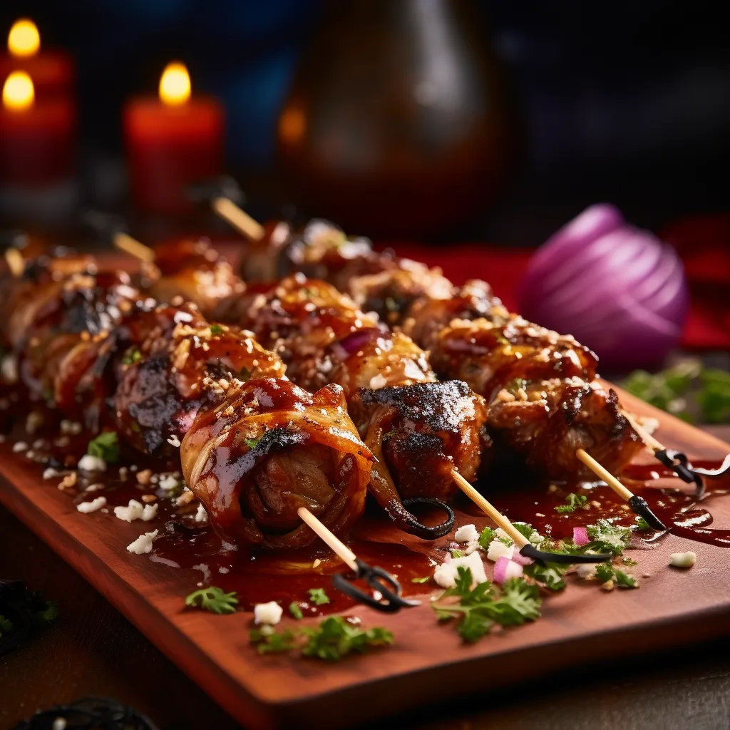 A quartet of juicy, char-grilled skewers are at the heart of the dish. They are offset against the ruby red backdrop of the spicy salsa, speckled with snowy queso fresco. Golden ribbons of caramelized onions are draped over the skewers artfully, heightening the allure of the dish.