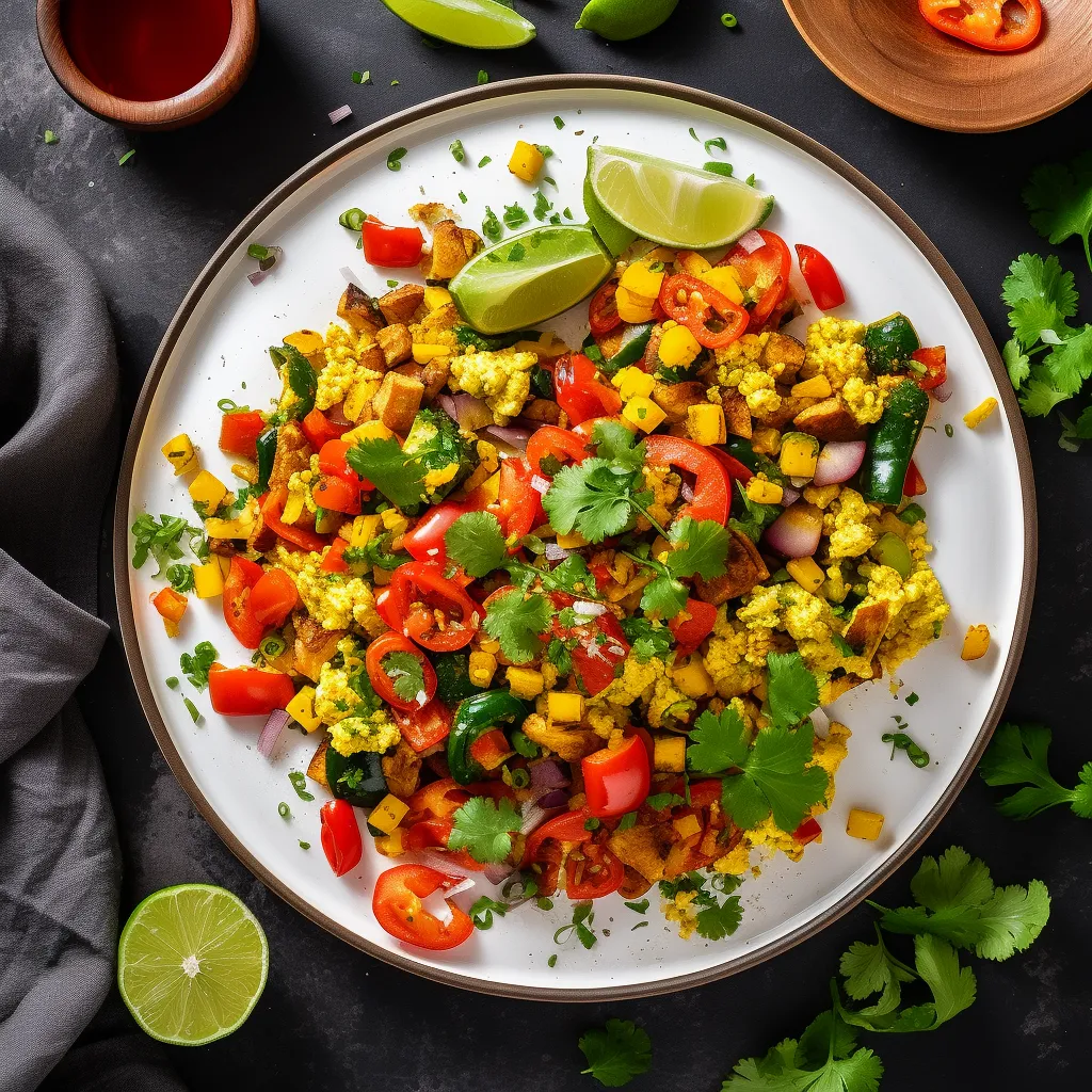 A vibrant and colorful plate with a fluffy bed of scrambled eggs topped with sautéed vegetables, sprinkled with fresh cilantro and served with a side of creamy avocado-lime crema.