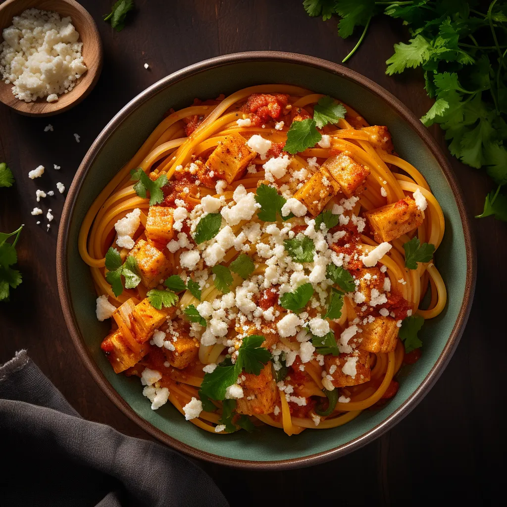The dish is a colorful mix of thin, al-dente noodles mixed with rich tomato sauce, bites of green and yellow bell peppers, topped with a sprinkle of queso fresco and fresh cilantro.