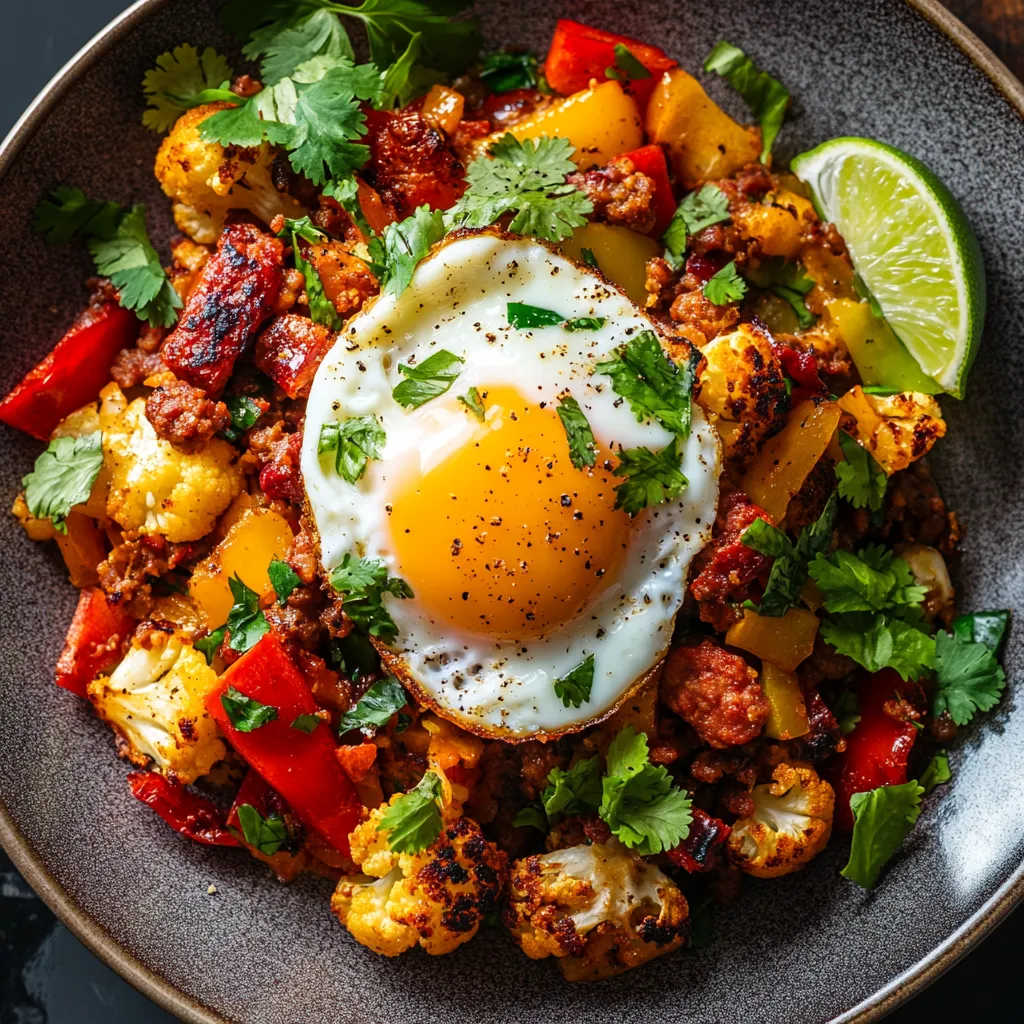 A beautiful rustic plate, adorned with a golden, variegated hash of charred cauliflower florets, crispy chorizo pieces, and vivid bell pepper strips. A soft poached egg, with its molten yolk just ready to flow, crowns the heap. Fresh cilantro sprigs create contrasting green highlights, while a swirl of tangy crème fraîche adds a creamy, white spiral. Lime wedges invite a citrusy splash.
