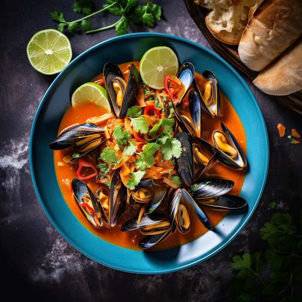 A colorful, steaming bowl heaped with glossy mussels, their blue-gray shells contrasted against the vibrant red chili tomato broth. Sprinkles of bright green coriander and wedges of lime are strewn across the top for a vibrant pop of color. 