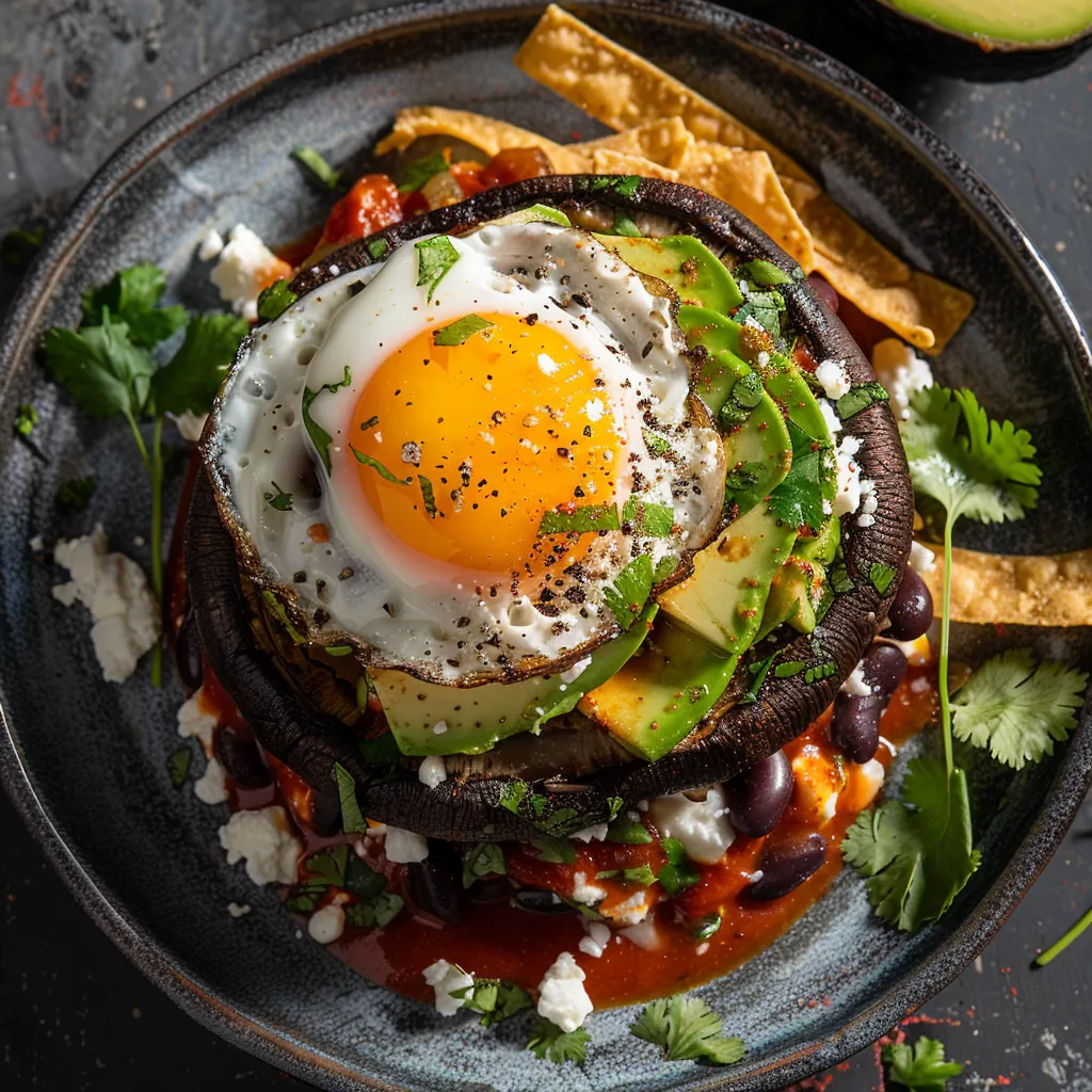 A beautiful dish featuring a grilled Portobello mushroom cap brimming with a bed of avocados, black beans, crumbled queso fresco, perched on a vibrant red ranchero sauce. An egg rests above this stack, with a runny yolk ready to flow. Fresh Cilantro leaves and fried tortilla strips add an invigorating green and crisp golden crunch to top off.