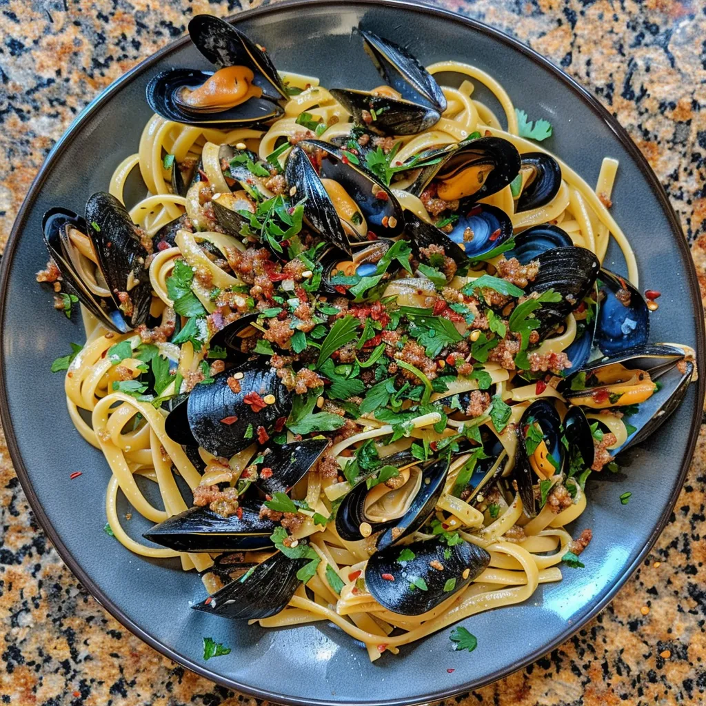 A vibrant and colorful plate filled with glossy linguine twirled onto itself. Bright green cilantro and red chili flakes stand out against the golden hues of the pasta. Dark mussels, topped with glistening chorizo crust add depth and intrigue to the dish.
