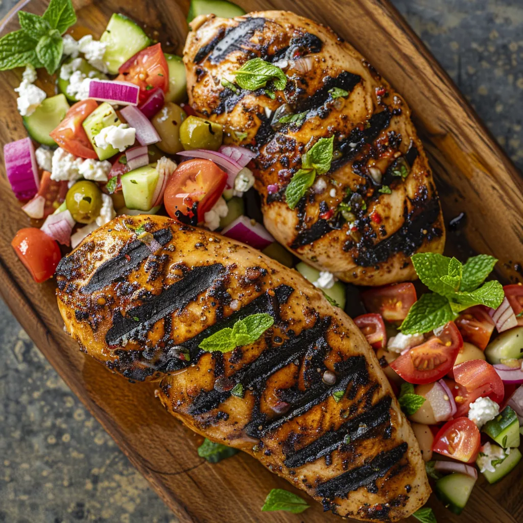 A rustic wooden platter gives base to two perfectly grilled chicken breasts glistening with spices. A vibrant ensemble of diced tomatoes, cucumbers, red onions, olives, and hint of feta cheese fills the other half of the platter. A playful garnish of fresh mint leaves point viewers towards an inviting squeeze of lime.