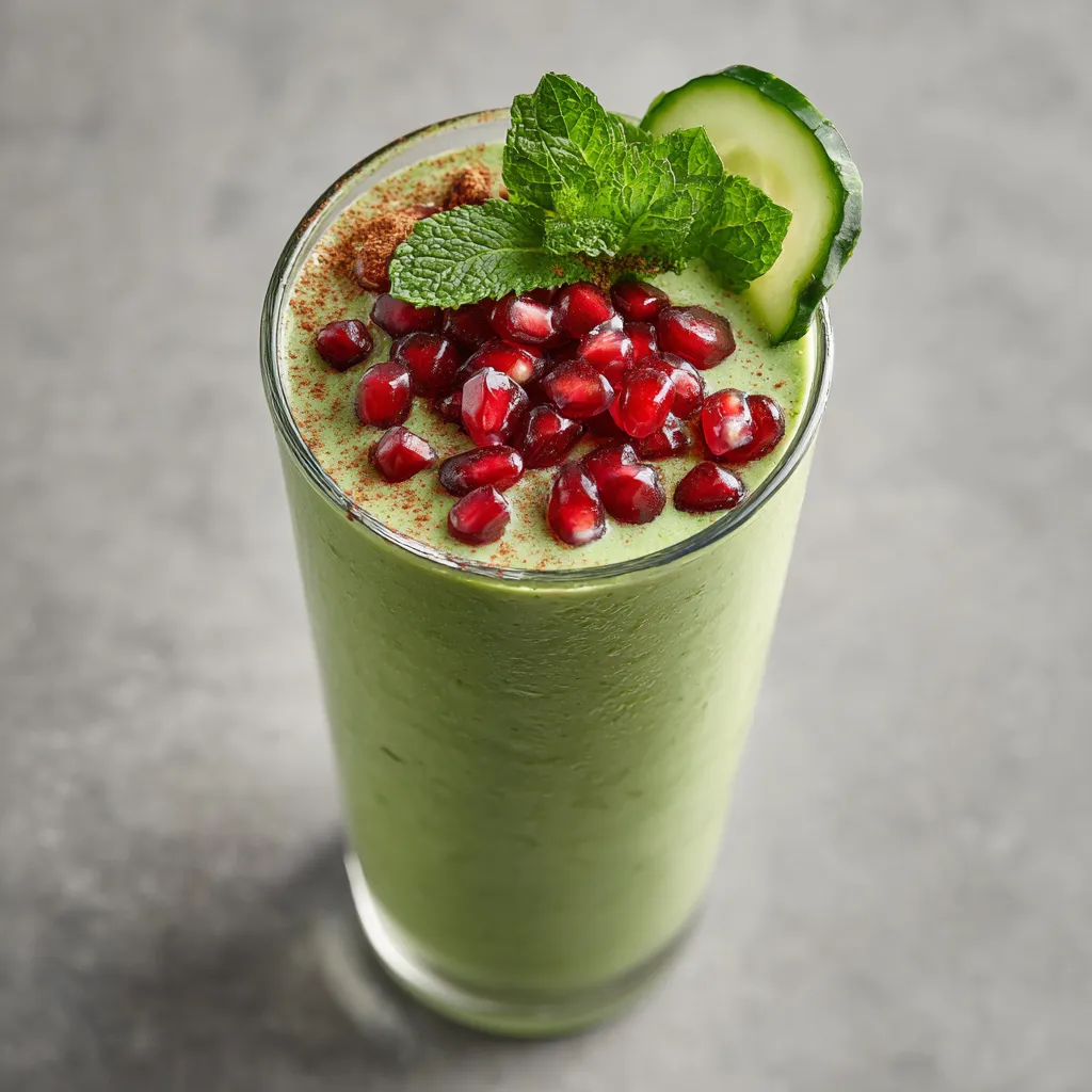 The smoothie has a vibrant green color with ruby-red pomegranate seeds washed up on top. A sprig of fresh mint, a dusting of cinnamon, and a straw made of cucumber garnish the tall, frosted glass.