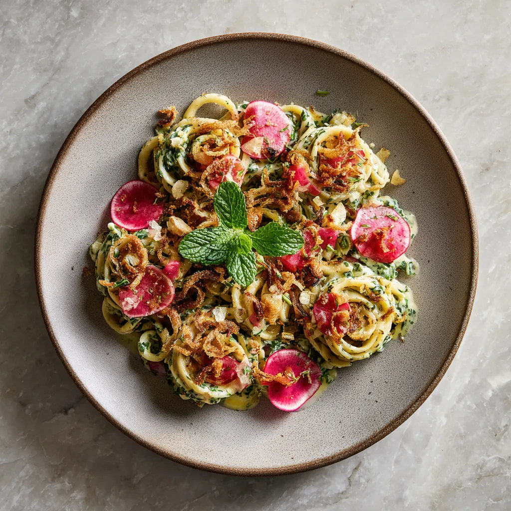 A sumptuously plated dish featuring twirls of pasta speckled with vibrant green herbs, pops of crimson radish slices, and golden-fried shallots sprinkled over top. The dish is garnished with a sprig of mint sitting atop for the final touch, against a muted stoneware plate.