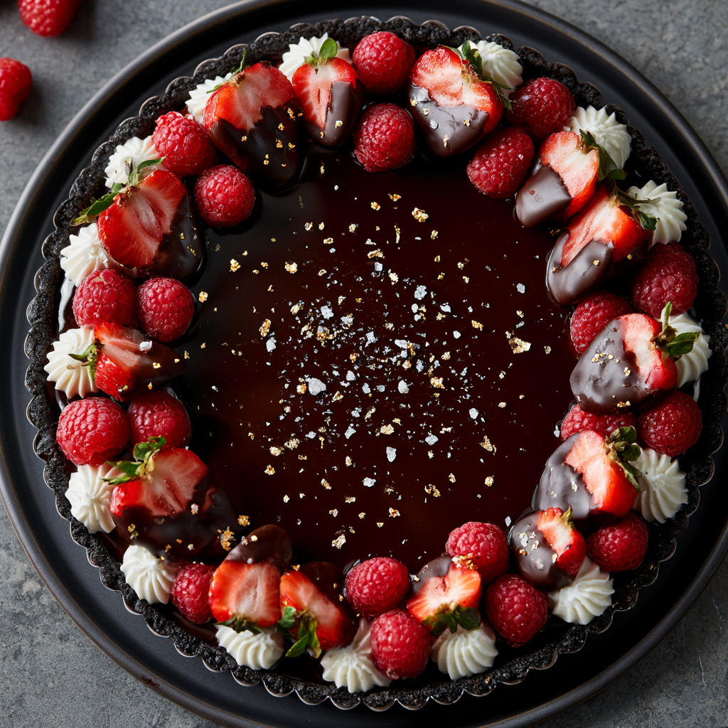 Midnight Chocolate Day Tart with Dipped Strawberries