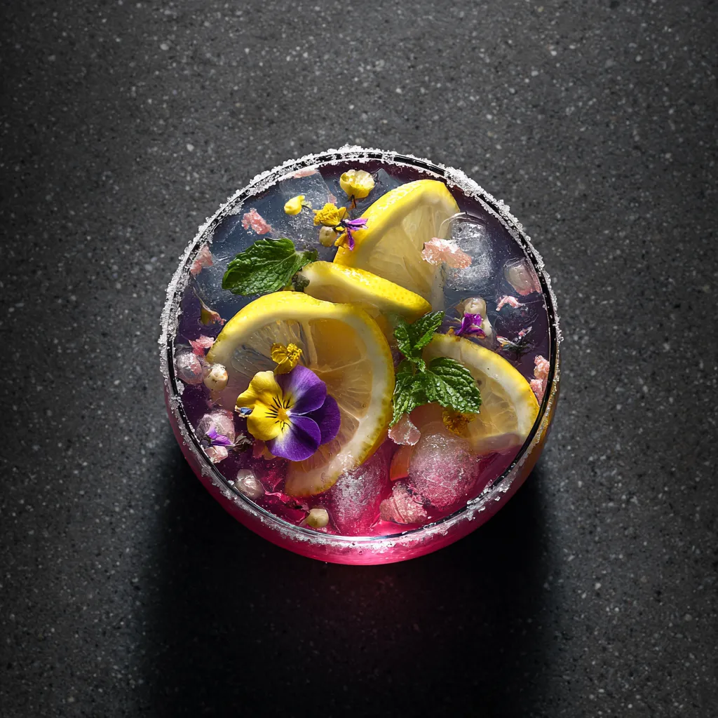 From above, the glass gleams with a magenta-to-indigo gradient, filled with crystal-clear ice, thin lemon wheels, glossy lychee pieces, and tiny edible flowers floating on top. A sugared rim catches the light, while fresh mint and a long curled lemon peel create a dramatic, elegant finish.