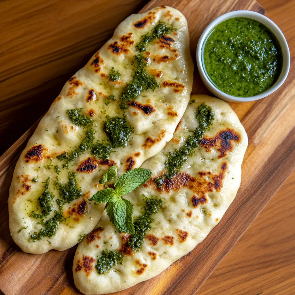 Soft, fluffy naan bread with specks of green mint leaves arranged stylishly on a rustic wooden serving board. Seared edges add a enticing contrast to the otherwise light hue of the bread and fresh mint leaves. A accompanying dish of bright, tangy tamarind chutney elevates the color palette.