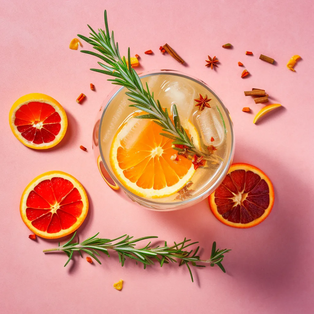A vibrant orange cocktail with a sprig of rosemary and a slice of blood orange on top, served in a tall glass with crushed ice.