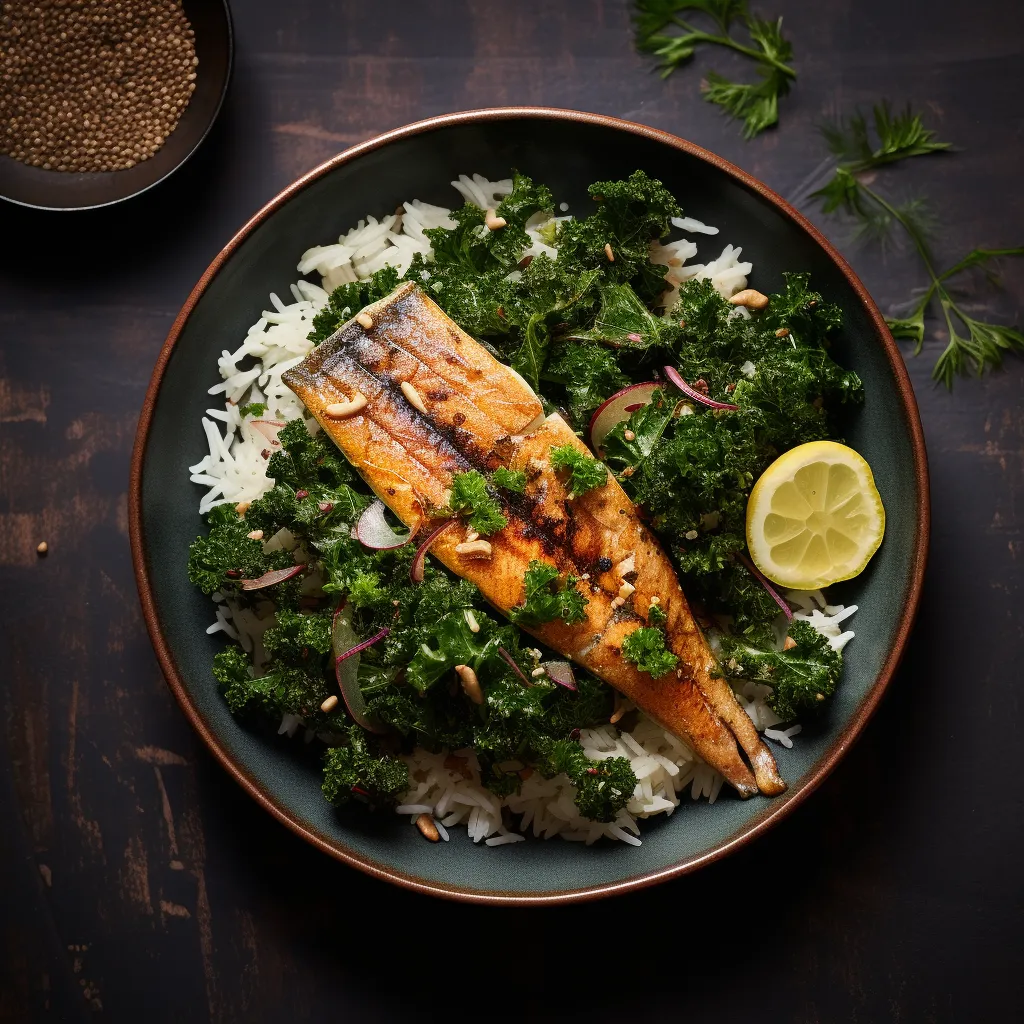 A minimalistic, yet striking dish. The glossy brown trout sits atop a bed of vibrant green kale-infused rice, strewn with black and white sesame seeds. The side of pink pickled ginger adds a pop of color.