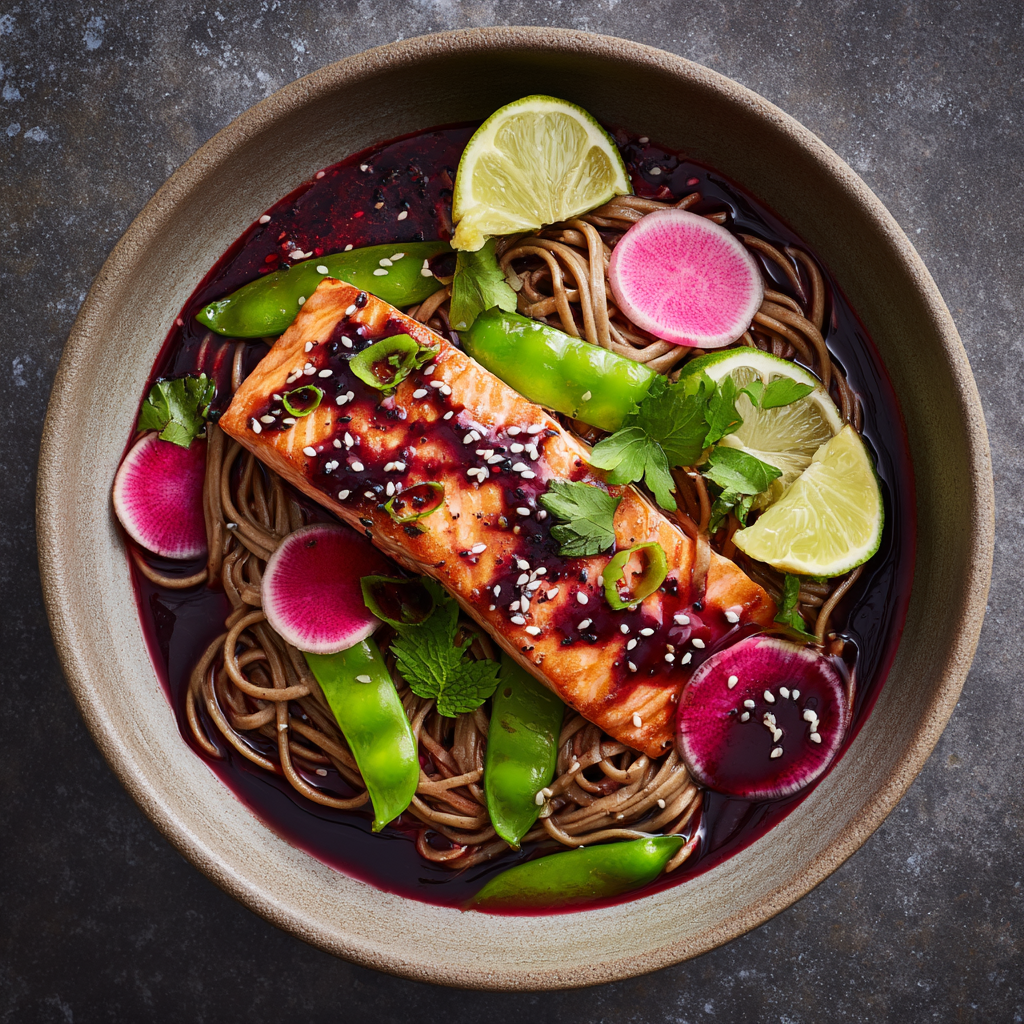 Miso-Blackberry Glazed Salmon with Soba, Snap Peas & Herb Salad
