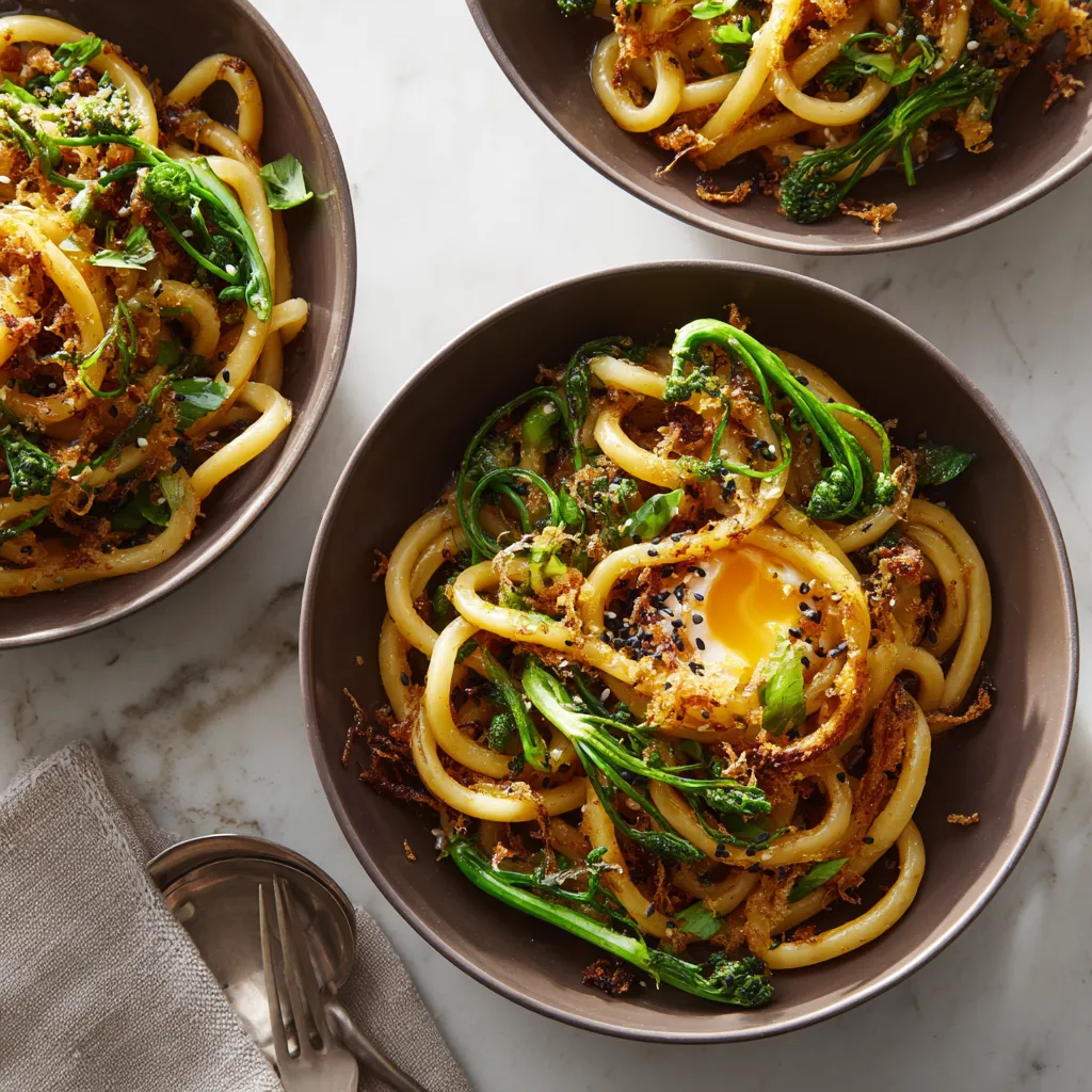 From above, wide glossy noodles are twirled into loose nests in shallow bowls, tangled with bright emerald fiddleheads and flecks of herbs. Golden crispy shallots and black sesame scatter across the surface, while thin lemon zest threads and a soft jammy egg add contrast against the silky amber sauce.