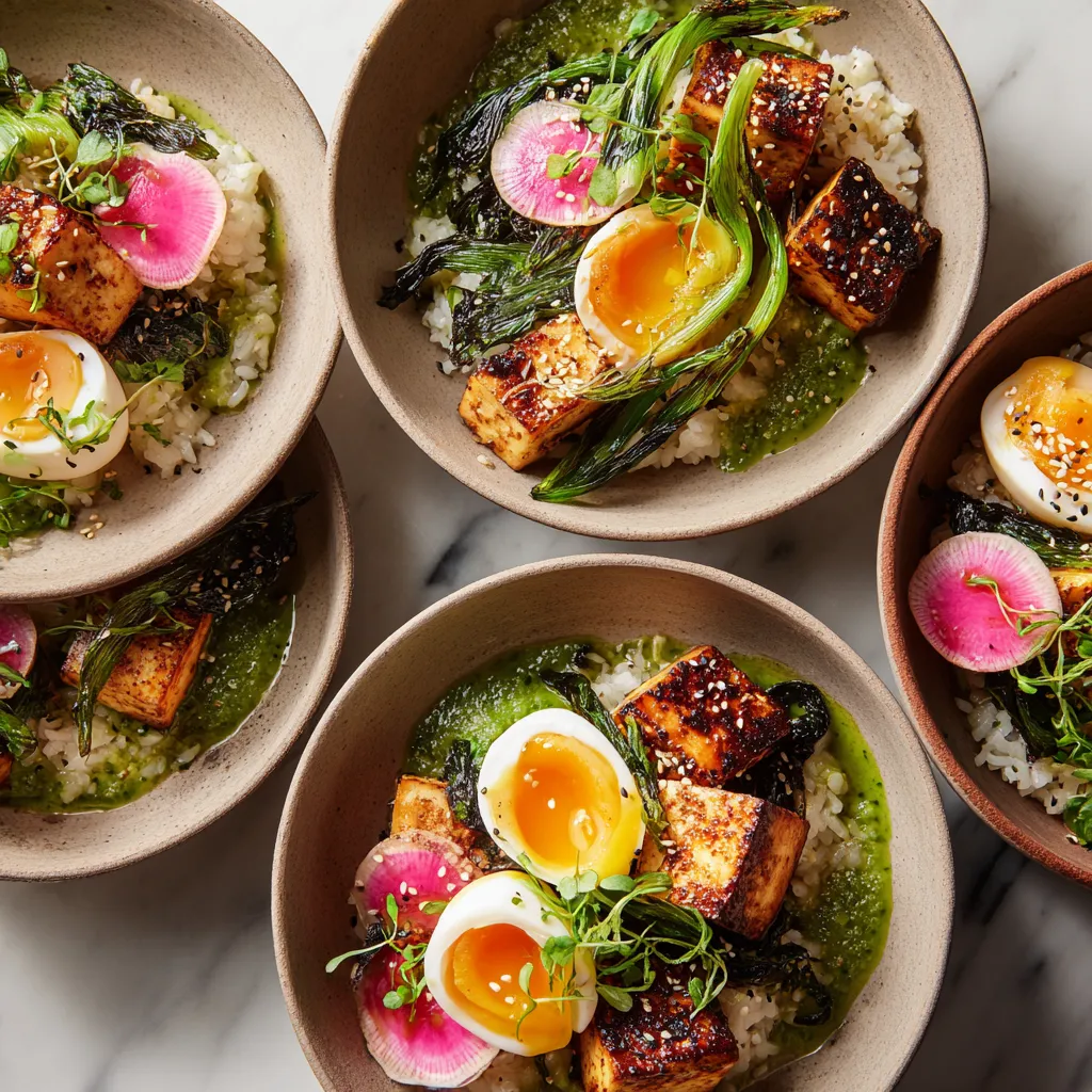 From above, four shallow bowls of pearly rice are topped with golden-brown tofu cubes, halved jammy eggs, charred pink-white ramp bulbs with deep green leaves, thin watermelon-radish crescents, scattered black sesame, and a drizzle of shiny pale-green miso-ramp sauce.