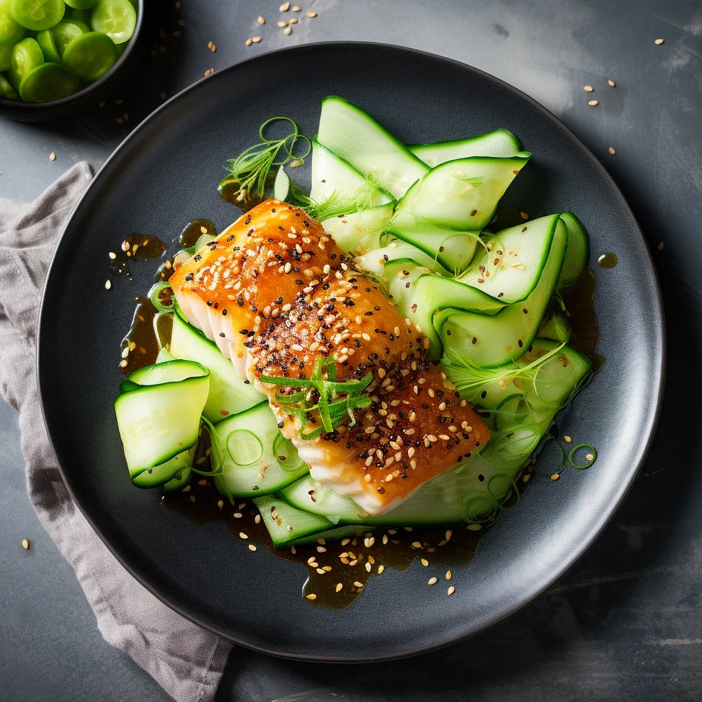 A beautifully glazed cod fillet on a bed of vibrant green cucumber slices topped with sesame seeds and chopped spring onions.