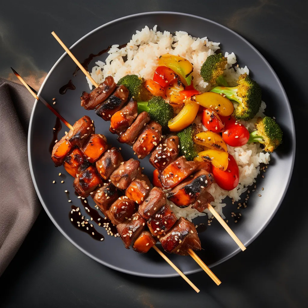 Colorful skewers of grilled pork and vegetables, coated in a glossy miso glaze, served alongside a bed of steamed rice.