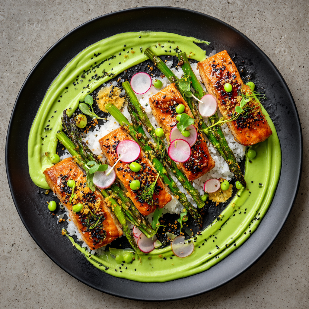Miso-Glazed Salmon with Crispy Rice, Charred Asparagus & Pea-Herb Creme