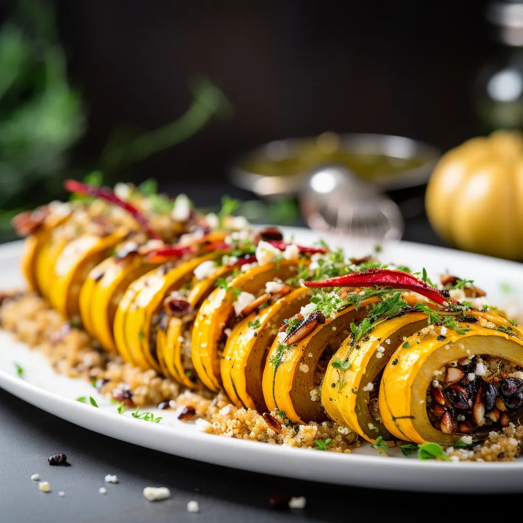 A beautiful bobbin of roasted delicata squash sits at the center of a pristine white plate. It's sliced into rings, revealing an inviting stuffing of quinoa, cranberries, and crumbled goat cheese. A golden miso sauce spread beneath the squash melds the components together. Fresh herbs sprinkle the entire spectacle, lending a vibrant pop of color.