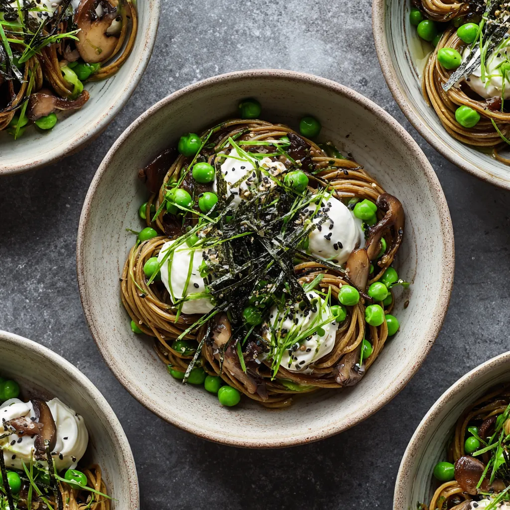 From above, a shallow bowl of taupe soba noodles twirled into glossy nests, dotted with bright green peas and browned mushrooms, with soft swooshes of whipped ricotta, a shower of finely cut chives, black sesame, thin nori ribbons, and lemon zest for a clean, modern contrast.
