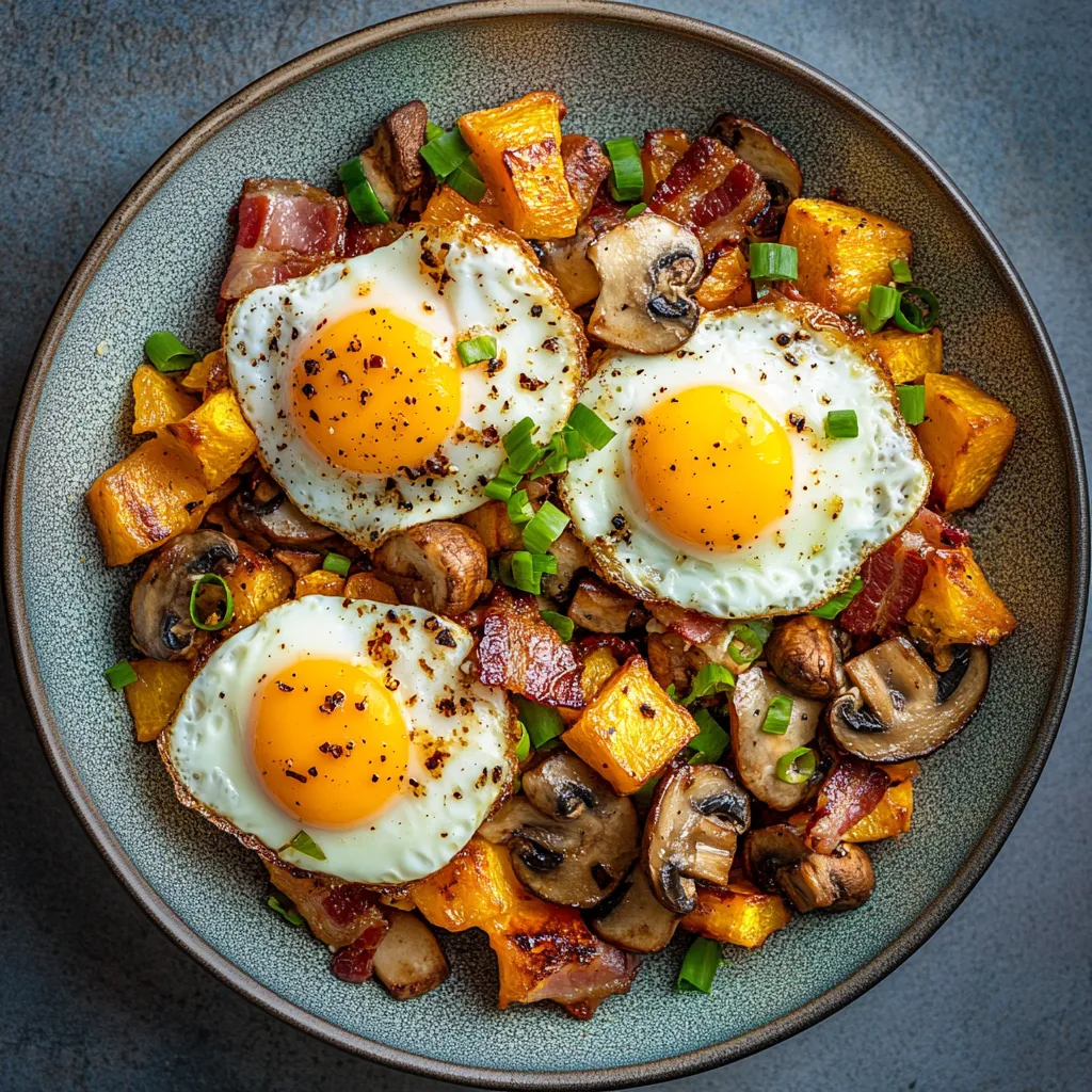 A colorful plate radiating warmth. Portions of diced golden squash intertwined with glistening miso mushrooms and pieces of crispy bacon form a bed on which rests a pair of yolky fried eggs. A scattering of chopped spring onions adds a vibrant green accent, making the dish pop.