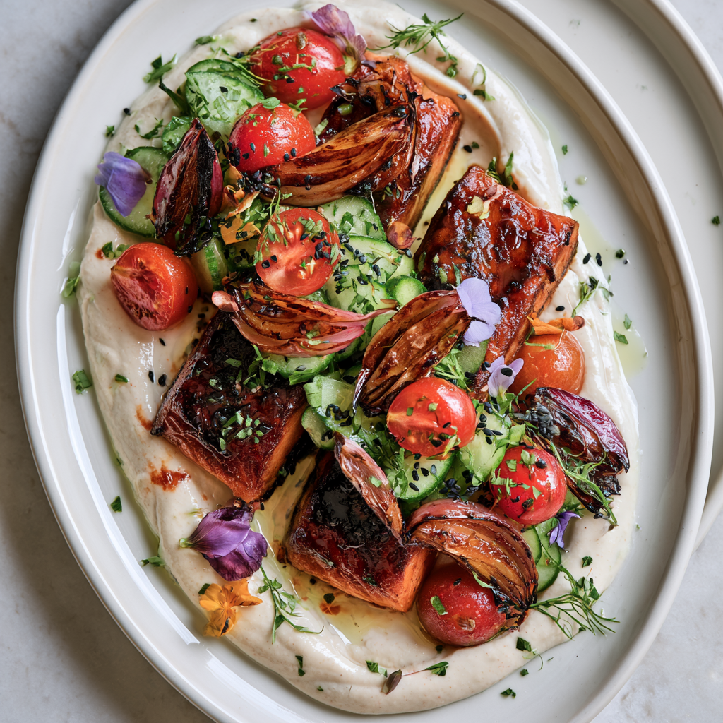 Miso Salmon with Charred Onion Tahini and Cherry Cucumber Salad