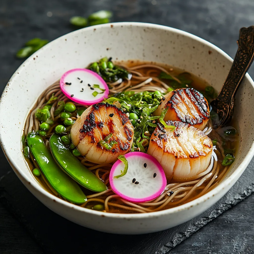 A deep, white bowl filled with a golden, steamy broth served on a dark slate placemat. Slices of pinkish-hued radish, verdant snow peas, and earth-toned shiitake mushrooms are scattered amidst buckwheat soba noodles. On top, there are three seared scallops, bronze and slightly caramelized, decorated with tiny green flecks of spring onion. An ornate spoon rests on the side of the plate.