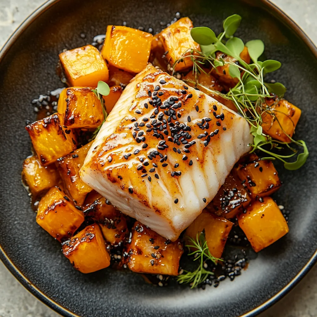 A beautifully bronzed piece of cod, glossy with miso-yuzu glaze, is placed on top of a mound of roasted Kabocha dice, with the deep orange glow of the squash presenting a warm contrast against the white cod. The garnish of microgreens and black sesame seeds scattered over the dish gives the impression of life springing forth on the plate.