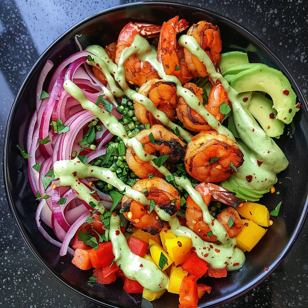 The dish is bursting with color, the bright pink shrimp lay nestled amongst the veggies - deep green avocados, red and yellow bell peppers and purple onions, with a drizzle of creamy aioli that cascades over the sides contrasting the other colors. Sprinkled on top are fragrant coriander leaves, elevating the bowl's visual appeal to the next level.