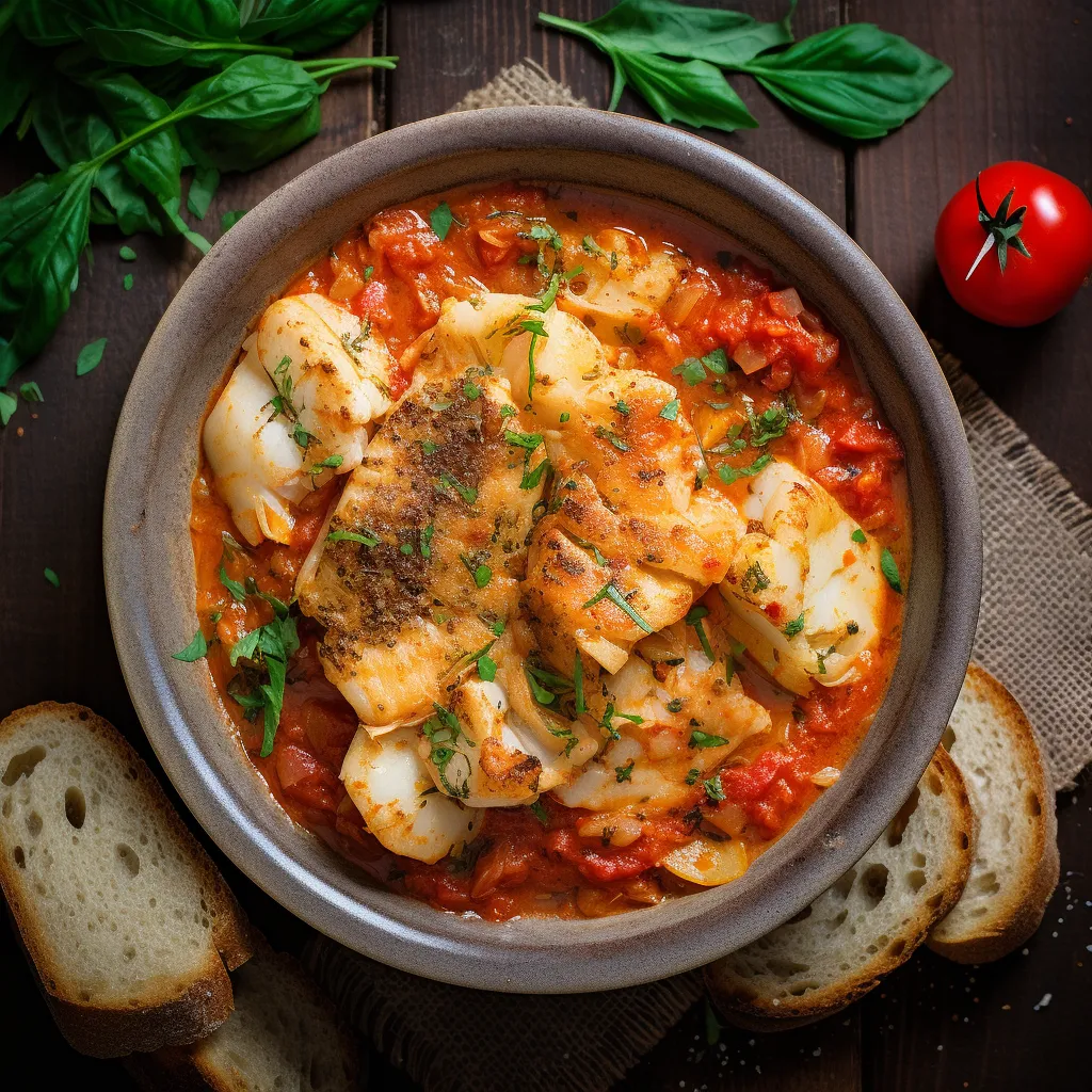 An Instagram worthy arrangement with lightly browned monkfish atop a vibrant, rustic stew of red tomatoes and softened, caramelized fennel, sprinkled with fresh green parsley and sprinkling of freshly ground pepper. A slice of rustic bread on the side adds an inviting depth to the composition.