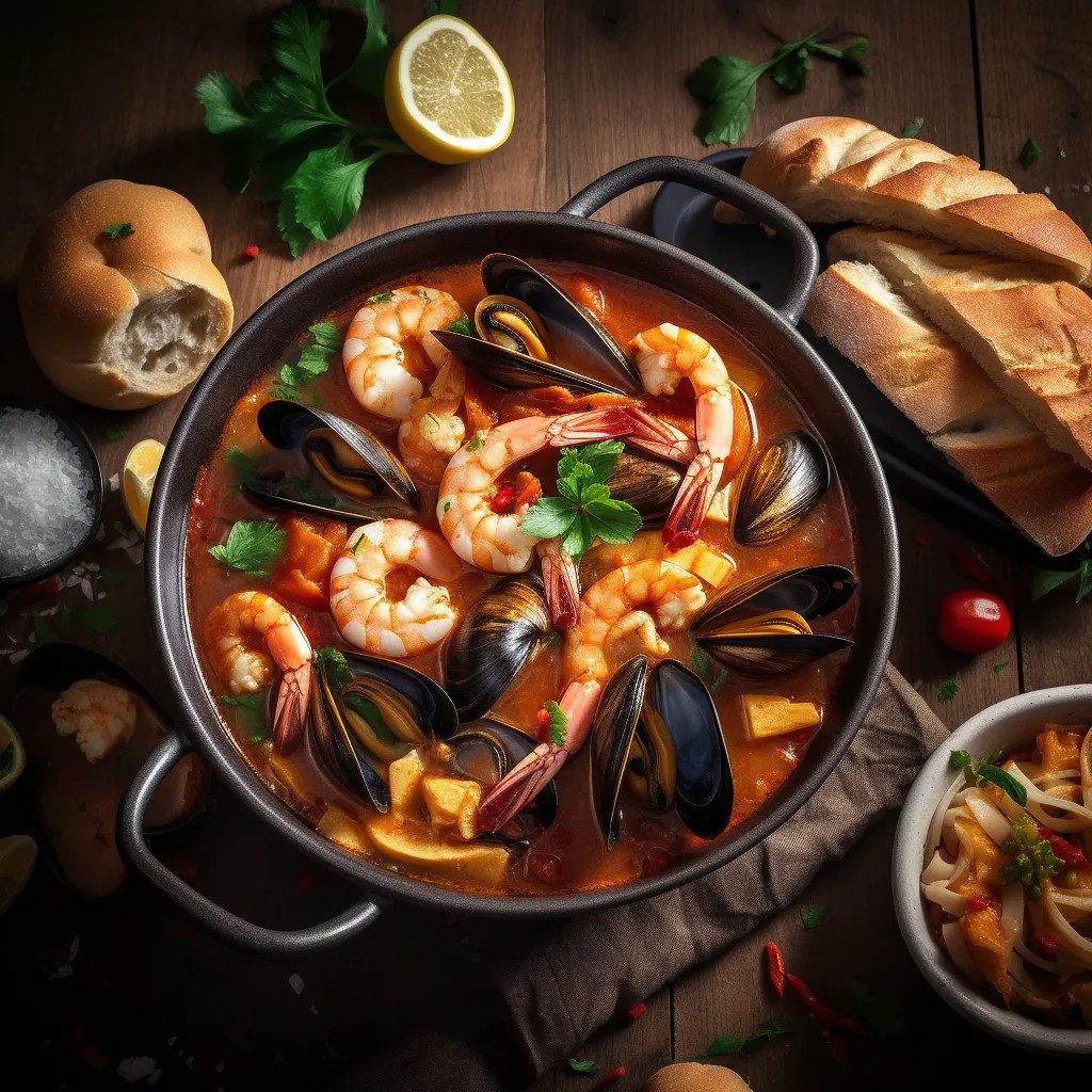 A beautiful and colorful seafood stew with shrimp, mussel, squid, and vegetables, served with crusty bread to soak up the rich tomato-based broth.