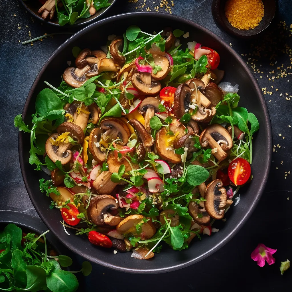 A colorful salad with a mix of mushrooms, greens, herbs and sesame seeds, topped with a light vinaigrette. Perfect for a crisp, cool evening.