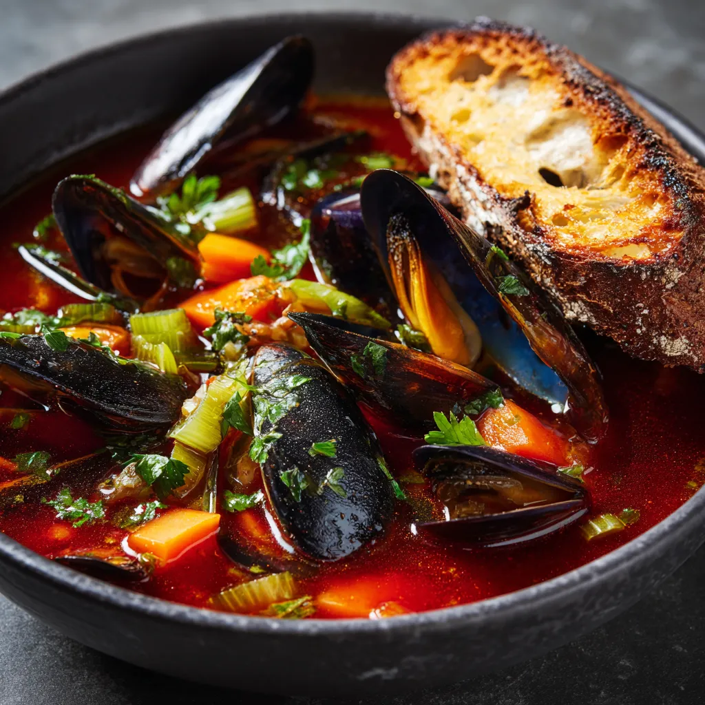 A deep, rustic red broth brimming with mussels in their shells, bobbing among chopped carrots, celery, and onions. Garnished with a sprinkle of fresh parsley and a drizzle of golden olive oil. This enticing dish is all finishing off with a crusty slice of toasted bread on the side, creating a beautiful contrast against the vibrant dish.