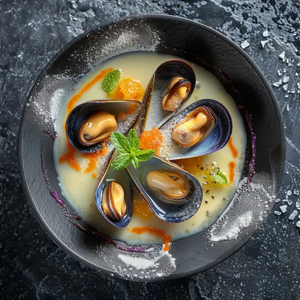 A beautiful array of mussels are nested in the shell, glossy with the sweet wine reduction. The vibrant, custard-like crème anglaise pools gracefully around them, speckled with fine orange zest. A dusting of icing sugar on top explodes in a muted white cloud against the panorama of colors underneath. A dramatic sprig of mint rests on top as a playful nod to the sea theme. 