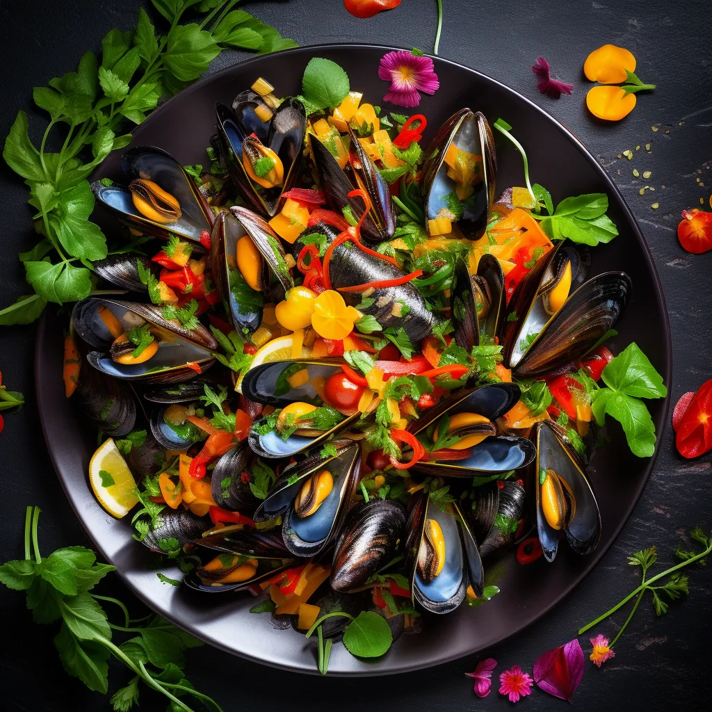 A vibrant plate of steamed mussels surrounded by colorful summer vegetables.