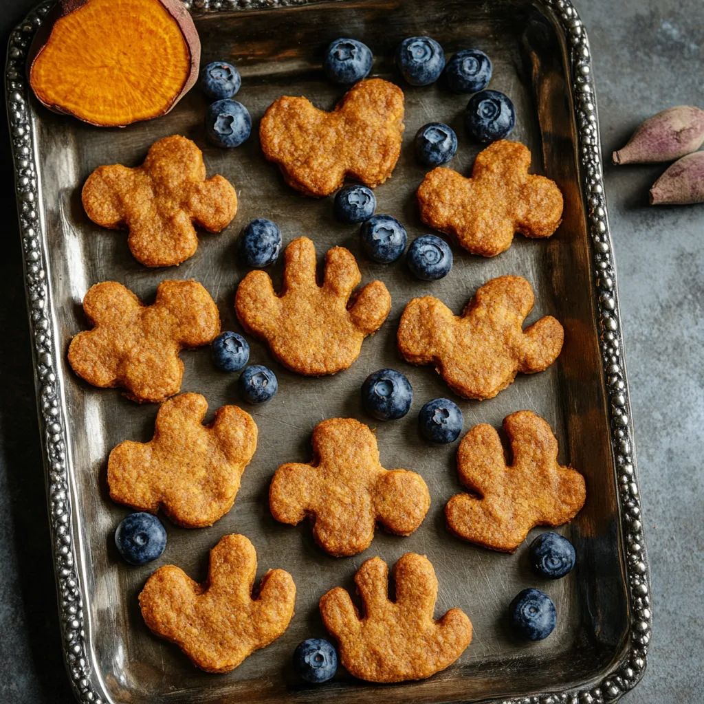 The finished biscuits should look like tiny dog paws, about a small cookie in size. They have a rich, golden-brown crust. The sweet potato dough gives them a color spectrum ranging from yellow to deep orange, while the blueberry details create a striking contrast with their deep blue-purple hues. The biscuits are arranged on a classic silver tray garnished with fresh blueberries and sweet potato slices.