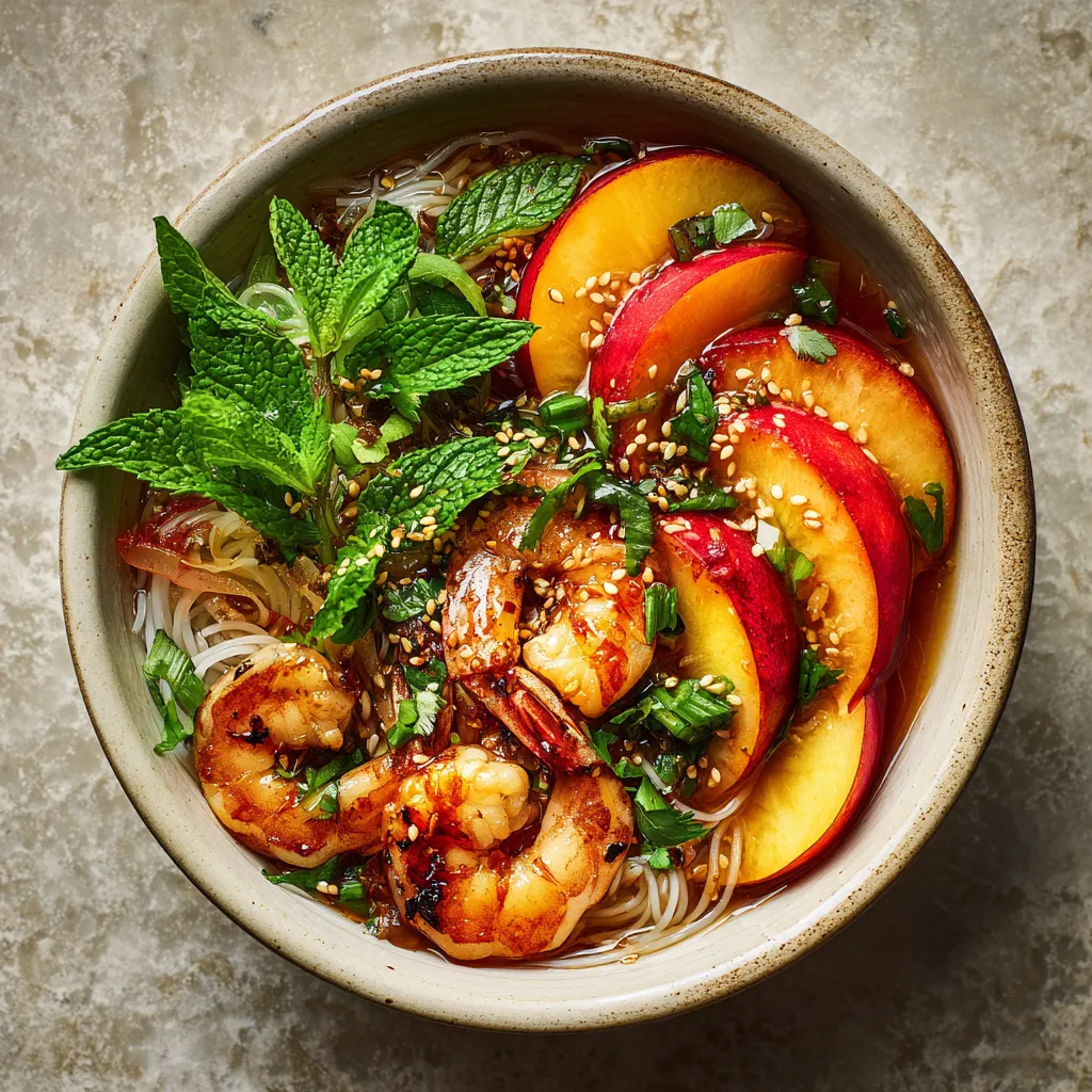 A vibrant bowl filled with glossy, soft vermicelli noodles, topped with succulent seared shrimp, electrifyingly red slices of nectarine, fresh green herbs, all drenched in a delicious tangy dressing, and a sprinkle of toasted sesame seeds for contrast.