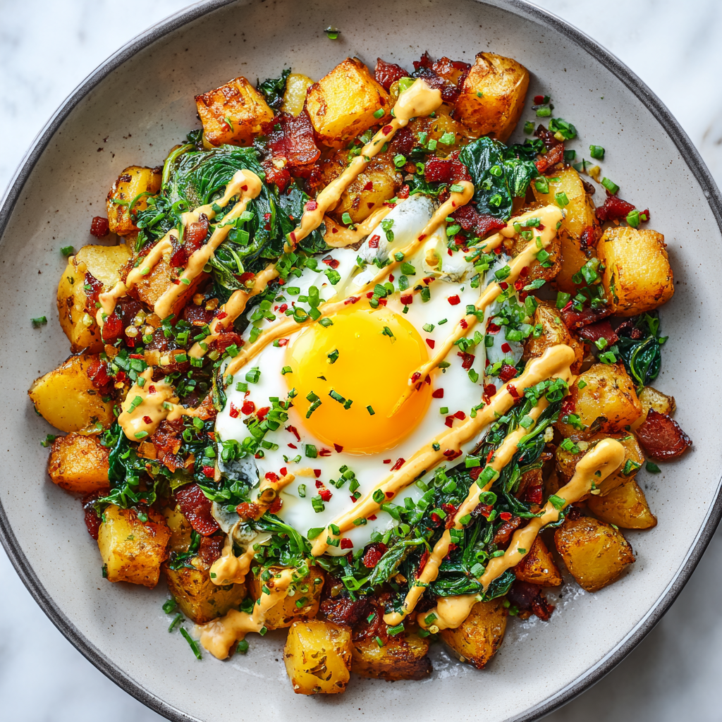 New Potato and Spinach Hash with Mustard-Miso Drizzle