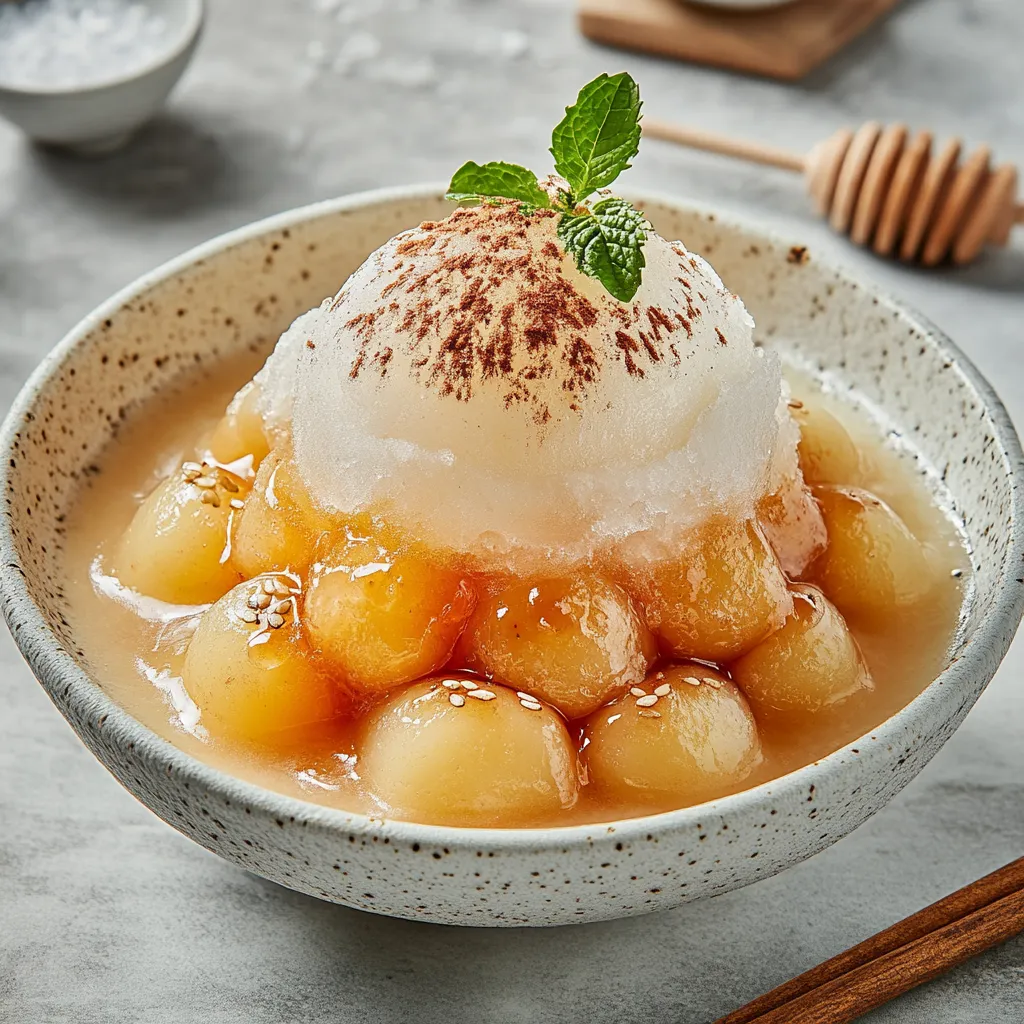 A pristine white mountain of shaved ice is riveting against the backdrop of a traditional Korean bowl. The dessert is generously studded with golden-hued caramelized new potatoes, contrasting beautifully against the pure white ice. Ribbons of honey, glistening in the light, cascade down the ice, pooling at the bottom of the bowl. A generous dusting of ground cinnamon adds an earthy touch, while sprigs of fresh mint atop the dessert add a pop of vibrant green, enhancing the overall aesthetics of the dish.