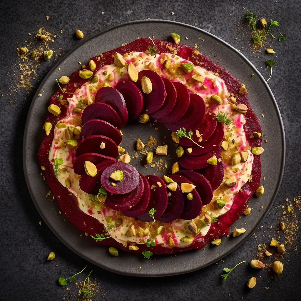 Thinly sliced beetroot arranged in a circular pattern with a dollop of goat cheese spread and sprinkled with a pistachio topping