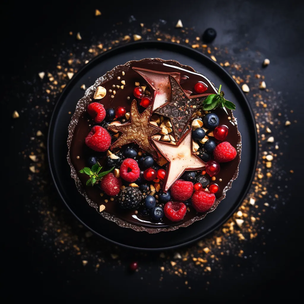 A dark, glossy and circular tart that's beautifully contrasted by a scatter of vibrant red berries and chopped nuts, resembling a starlit night sky