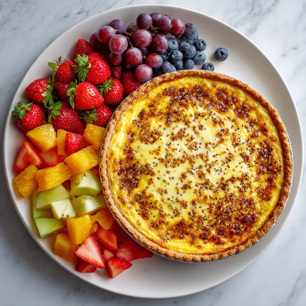 A round, golden brown quiche topped with specks of 'everything' blend, placed on a large white platter. To the side, an array of brightly colored fruits arranged in a gradient like a sunrise, giving off an impression of a fresh start.