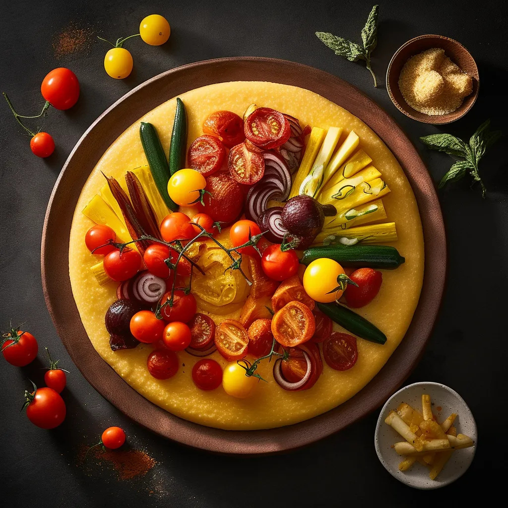 A circular plate with a bed of creamy polenta in the center, surrounded by a ring of bright red tomato sauce. On top of the polenta is a mix of roasted vegetables, including bright yellow squash, deep green zucchini, and bright red cherry tomatoes. The veggies are topped with a mix of crunchy and creamy cheese, including Parmesan shavings, goat cheese crumbles, and melted mozzarella. The cheese is garnished with a sprinkle of fresh herbs.