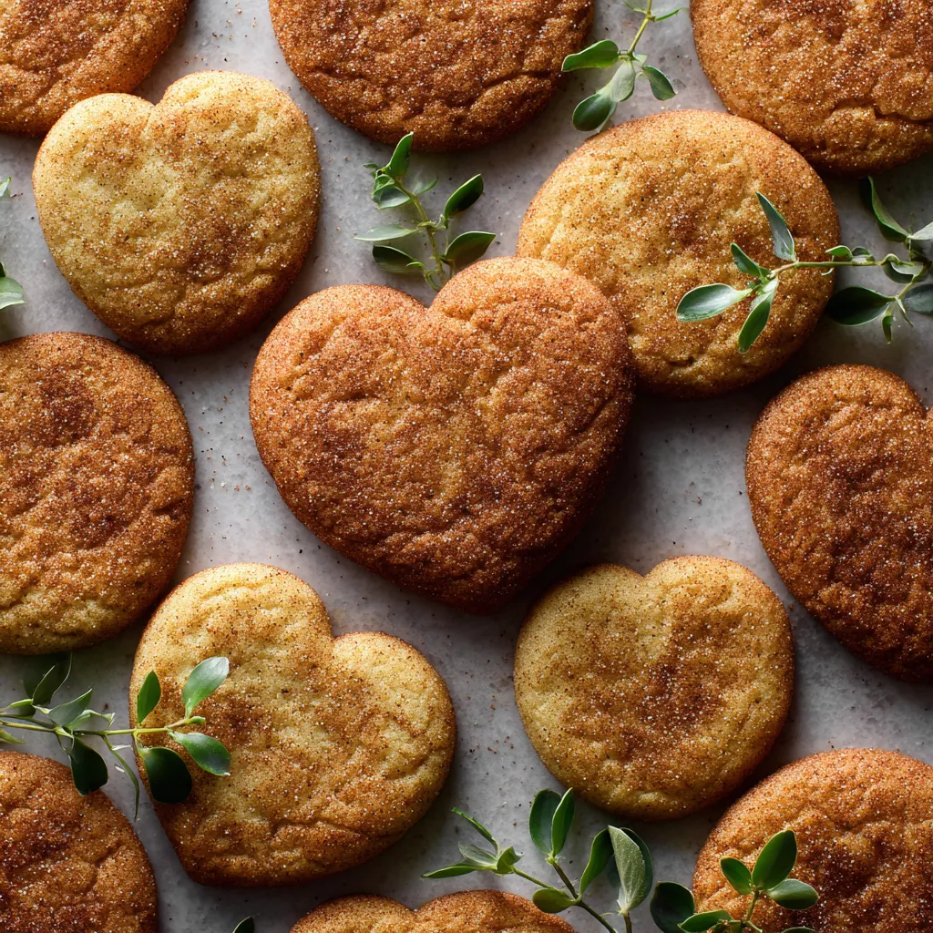 The beautifully baked golden brown snickerdoodles are sprawled in the shape of a heart, to symbolize our love for NYC. Each cookie is round with a delightful crackled surface dusted with sugar-spice sprinkling for added charm. A small apple-shaped cookie cutter serves as a visual treat, positioned together with a few seasonal winter greens.