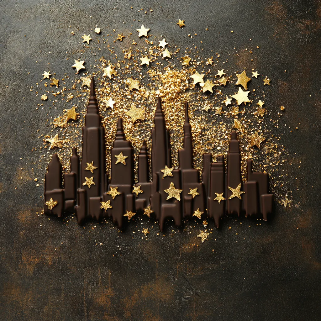 It's a dark chocolate skyline silhouette, set against a cluster of edible gold stars, looking just like the iconic NYC skyline against a dazzling New Year's Eve night sky.