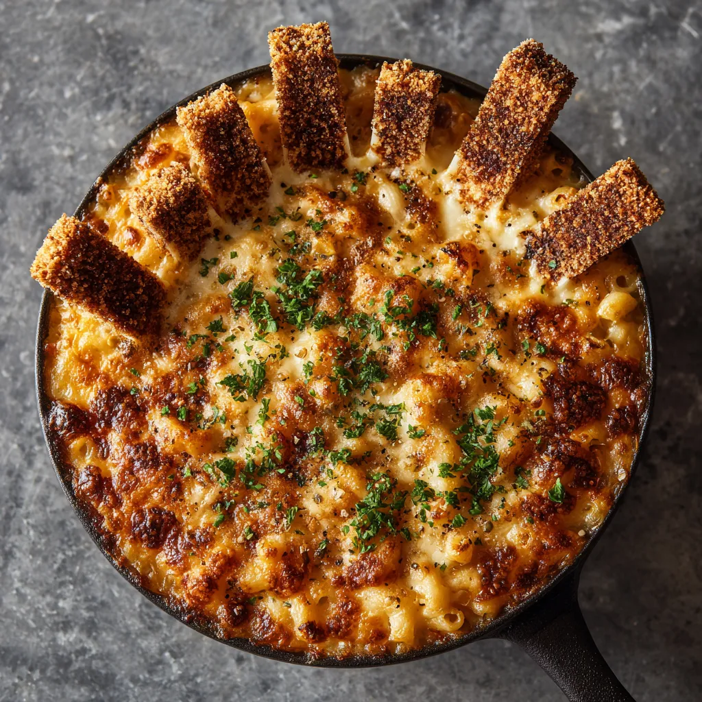 From above, a round skillet of deeply golden baked mac and cheese with bronzed bubbly patches, a crisp breadcrumb ring, and silhouette-like toasted cheese shards standing upright like a miniature Manhattan skyline, finished with tiny parsley flecks and black pepper.