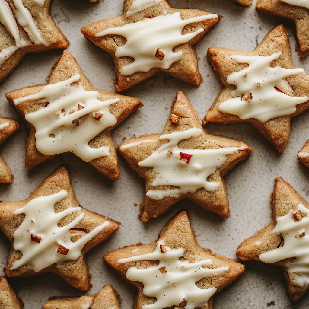 The top view reveals cookies shaped like stars, glistening in the soft glow of the white chocolate drizzle, contrasting the golden-brown cookies. The cinnamon, nutmeg, and finely diced red apple bits speckled throughout the cookies add visual depth.