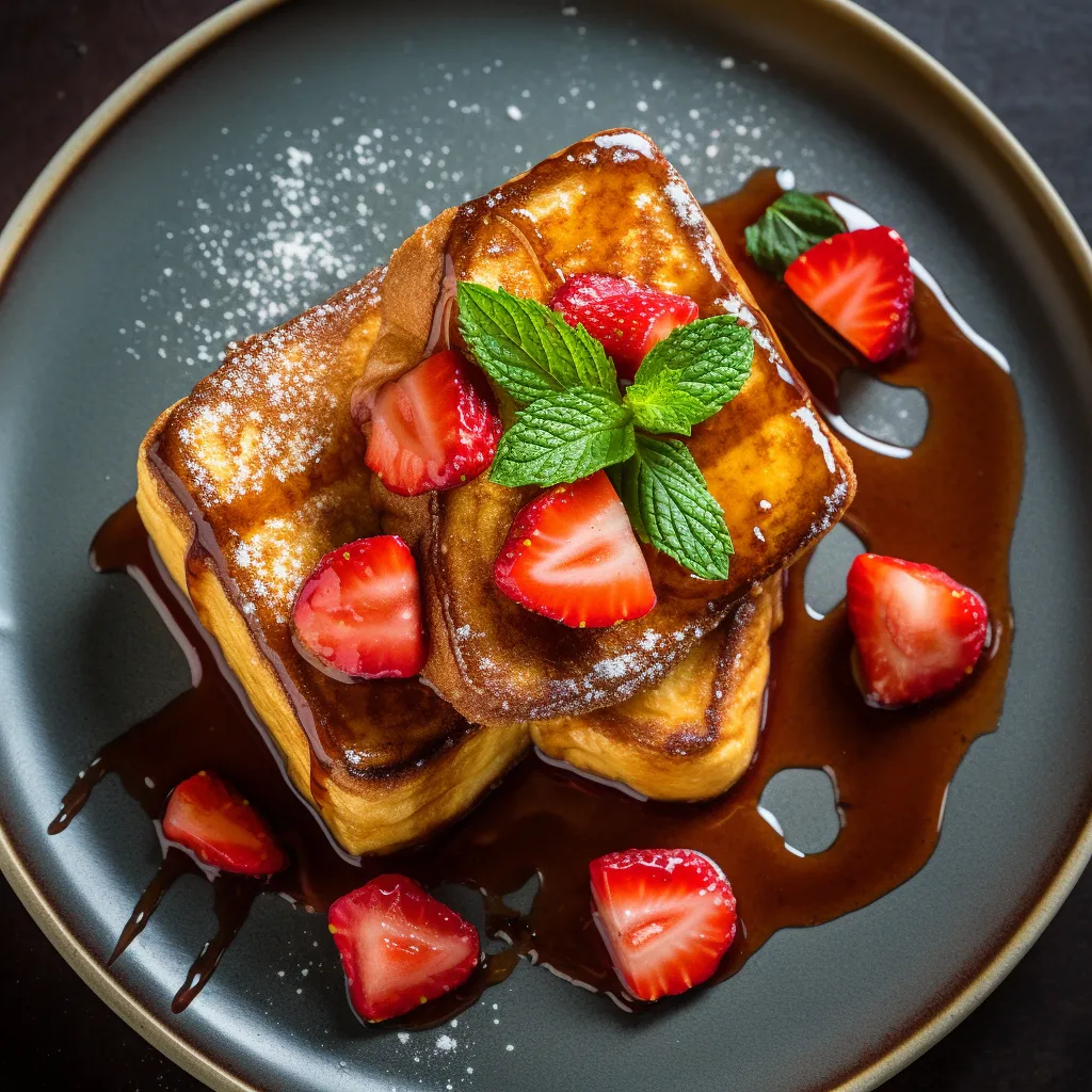 Thick slices of golden brown French toast topped with a rich and creamy cheesecake mixture, finished with a bright, red strawberry compote and fresh mint.