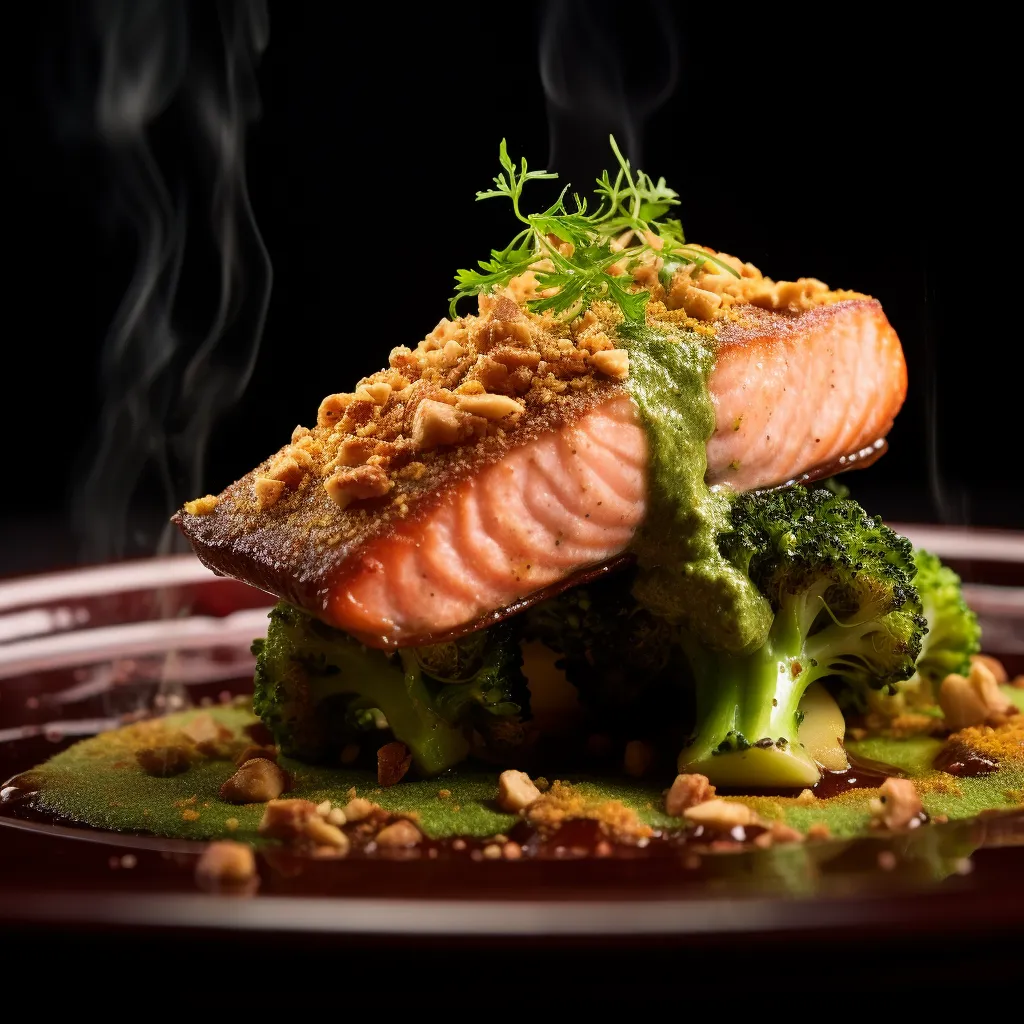 The final dish is a vibrant vista of textural contrasts and rich colors. The deep pink-orange hue of the salmon fillet is dramatically outlined with a speckled coat of crushed peanuts. The fillet rests on a lush, whimsically swirl of green broccoli puree, with the verdant color echoing in a scattering of edamame beans. A drizzle of glossy, tangy teriyaki reduction adds a dark swiggle on the plate, while a handful of threads of pickled ginger dances on the side as a vibrant pink garnish.